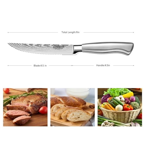 SCOLE® Steak Knives, 4.5 inches Steak Knife Set of 6, Dishwasher Safe Serrated Steak Knives German Stainless Steel Dinner Knives with Gift Box, Silver