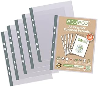 eco-eco A5 100% Recycled Premier Multi Punched Pockets Glass Clear, Transparent Poly Wallet Sheet Protector, 90 Microns (Pack of 25)