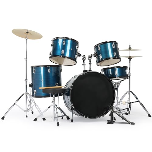 Ktaxon 22 Inch Adult Drum Set, 5-Piece Full-Size Drums Kit with Cymbal Stands, Hi-hat Stand, Sticks, Drum Pedal, Stool & Floor Tom for Beginner Teens Student (Brushed Blue)
