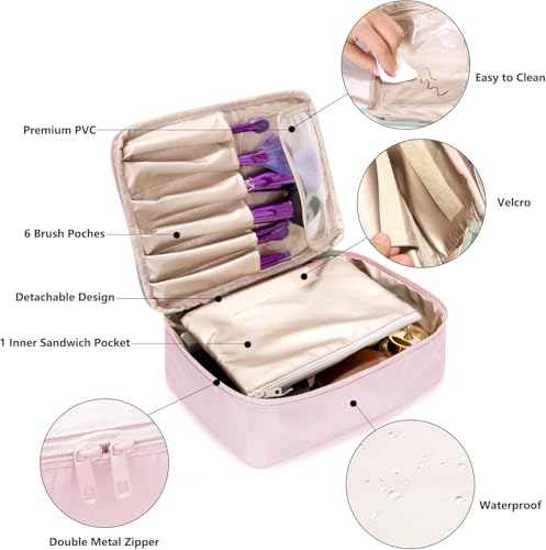Image of WEMOL Small Travel Fashion Cosmetic Organizer Bag with Detachable Pouch, Super Soft Makeup Organiser Bag for Brushes, Toiletries, Cosmetics Items for Women (Pink)