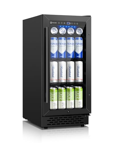Image of 15 Inch Black Beverage Refrigerator Under Counter, 130 Cans Built-in /Freestanding Beverage Cooler, Mini Bar Fridge with Double Tempered Glass Door&Lock, Beverage Fridge for Drink Beer Soda Wine