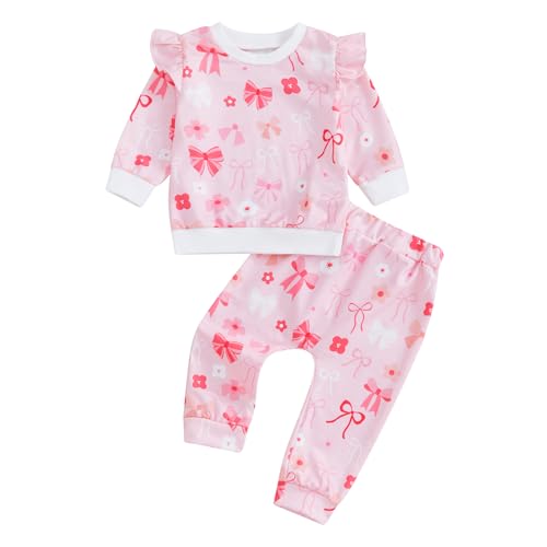 MAHUAOYIXI Toddler Newborn Baby Girl Clothes 0-4 Years Long Sleeve Bow Print Sweatshirt Pullover Hoodie Tops + Elastic Waist Sweatpants Infant Girls Tracksuit Outfit Set 2 Piece (Pink, 3-4 Years)