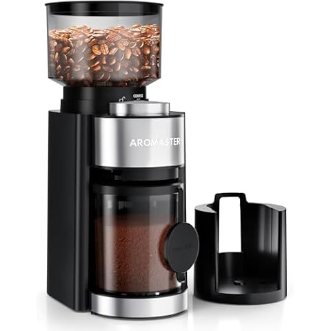 Aromaster conical burr grinder, 25 grind settings, 2-12 cups timer, portafilter holder, anti-static, includes brush, black Cover