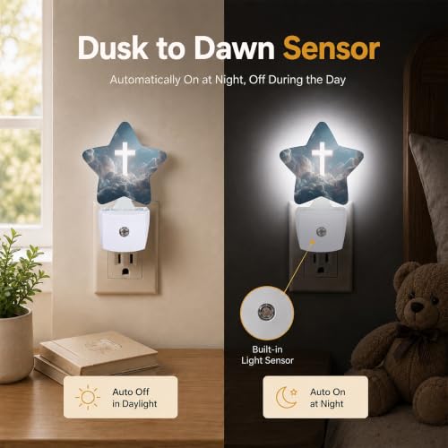 Image of Cross in the Clouds Plug in Star Night Light, Night Light with Sensor for Kids Nursery Bedroom, Decorative Soft Glow Lamp for Hallway Bathroom, Energy Saving