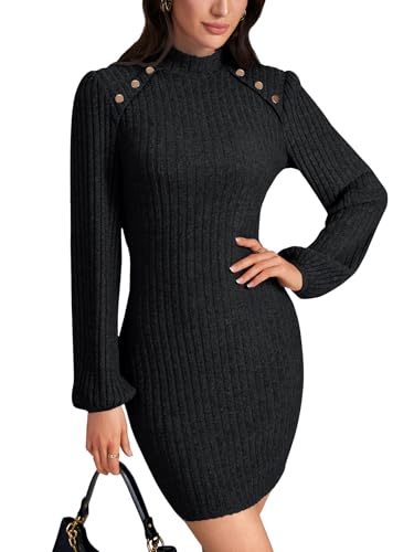 LYANER Women's Mock Neck Lantern Long Sleeve Ribbed Knit Pullover Bodycon Sweater Short Dress2