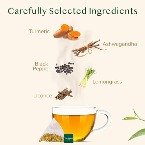 Image of VAHDAM, Turmeric Ashwagandha Herbal Tea Bags (100 Count) Caffeine Free, Non GMO, Gluten Free | 100% Pure Herbal Blend - Sweet & Earthy | Whole Leaf Tea Bags | Resealable Ziplock Pouch