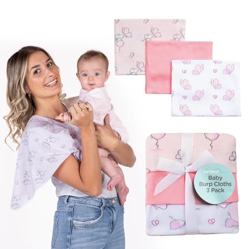Image of BAMBINO CREATIONS Baby Burp Cloths 3 Pack - Burp Cloths Baby Girl Burp Rags, Burb Clothes - 15.75" x 25.6" Soft Absorbent Burping Cloths for Baby Girls Machine and Dryer Safe - Light Pink