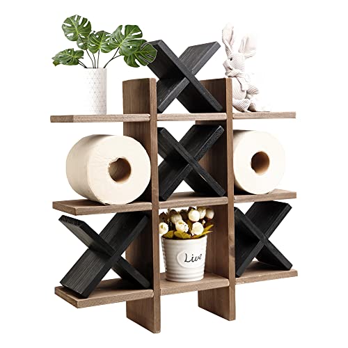 GENMOUS Handmade Tic Tac Toe Toilet Paper Holder Stand with 4pcs Wooden X Funny Wall Mounted Toilet Papers Storage with Shelf Farmhouse Paper Roll Storage for Guest Bathroom or Toilet Dcor