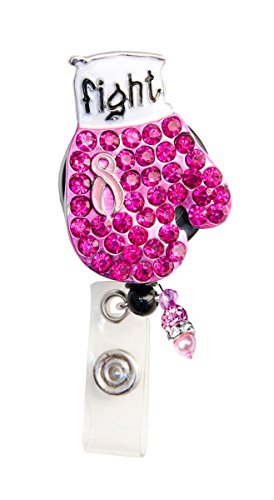 Sizzle City New Custom Bling Rhinestone Breast Cancer Awareness Pink Ribbon Boxing Glove Badge Reel Retractable ID Badge Holder || Black Backing (Black Backing)