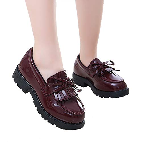 WUIWUIYU sapato social feminino de couro envernizado sem cadarço mocassim Oxfords com borla, Burgund