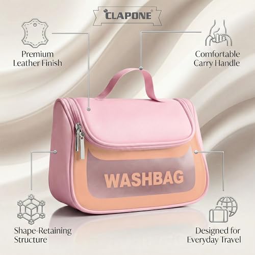 Image of Cosmetic Bag for Women, PU Leather Makeup Pouch, Large Capacity Travel Makeup Organizer with Divider & Handle, Waterproof Portable Vanity Storage Bag for Toiletries (Washing Bag-Pink)