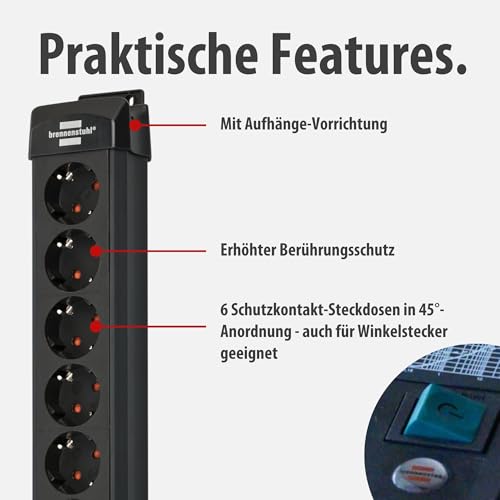Brennenstuhl Premium-Line Steckdosenleiste 6-Fach mit Überspannungsschutz bis zu 60.000A (Mehrfachsteckdose mit Schalter und 3m Kabel, Steckdosenleiste Wandmontage, Made in Germany) schwarz