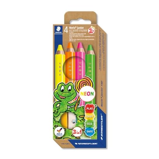 STAEDTLER Noris Junior 140 lápices de colores 3 en 1 C4P1 para niños a partir de 3 años, colores neón surtidos (paquete de 4 + sacapuntas)