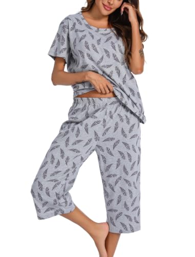 Image of ENJOYNIGHT Womens Pajama Sets Cotton Pj Set Short Sleeve Top With Capri Pants Sleepwear 2 Piece Lounge Set