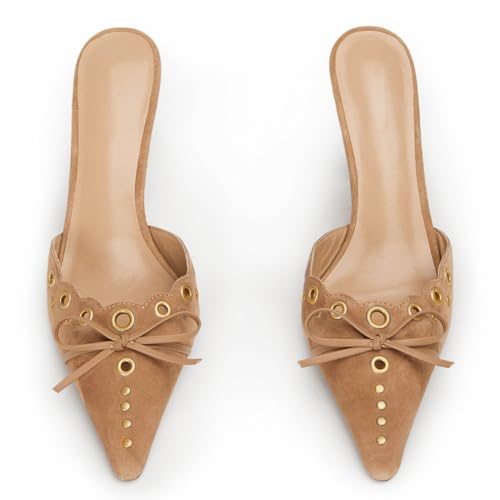 Mattiventon Nude Kitten Heels for Women Pointed Toe Heel Slip On Suede Dress Kitten High Heel Pumps Backless Wedding Shoes Size 82