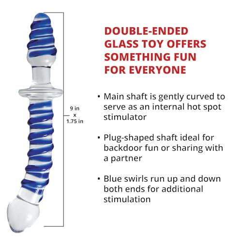 Image of Adam & Eve Twisted Love Glass Dildo and Butt Plug, Double Ended, Curved for G Spot and Prostate Stimulation, Textured Swirls, Plug Shaped End for Backdoor Play, Temperature Play, 9 Inches, Glass