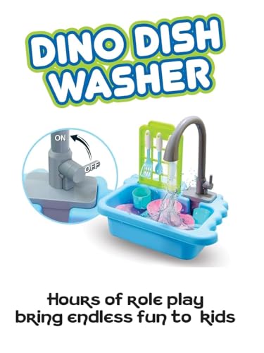 Image of Interactive Dino Kitchen Sink Toy for Kids | 12-Piece Dishwasher Playset with Water Circulation Pump | Pretend Cooking & Washing Toy for Boys & Girls