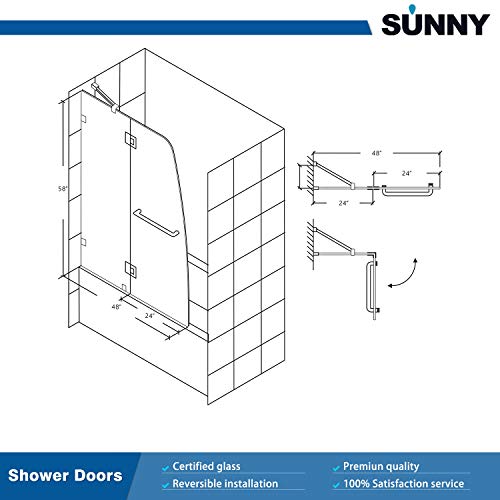Sunny Shower Frameless Hinged Tub Door 5/16" Clear Glass Bathtub Door 34" W X 58" H Pivot Swing Shower Door With Towel Bar, Chrome Finish #TOP6