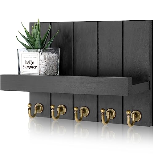 Decorative Farmhouse Key Holder for Wall - Modern Key Racks for Wall Decor Living Room and Mail Organizer with Shelf for Apartment Essentials - Home Decor Aesthetic (Black, 3.54