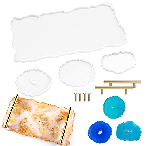 Resin Tray Molds - Silicone Casting Molds with Gold Handles and 3 Pcs Coaster Molds for Making DIY Crafts Tray Home Decoration, Platter, Cup Mats, Coasters, Fruit Plate