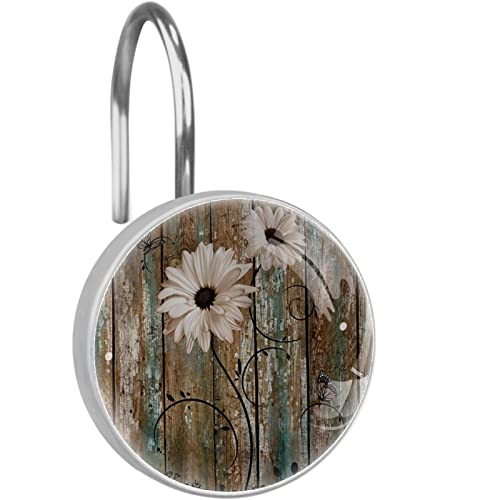 Rustikale Holz und Weiß Floral Duschvorhanghaken Ringe für Badezimmer Set von 12, Rostfreies Metall Duschvorhang Aufhänger Haken Ringe, Dekoratives Bad Zimmer Zubehör Set Badezimmer Dekor Cover