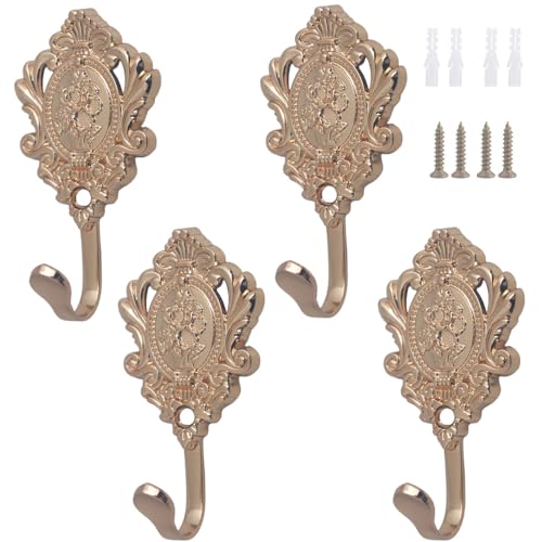 Lot de 4 crochets décoratifs vintage en forme de rose pour embrasses de rideaux - Motif floral rétro - Motif rose chic - Support mural doré vintage pour accrocher des...