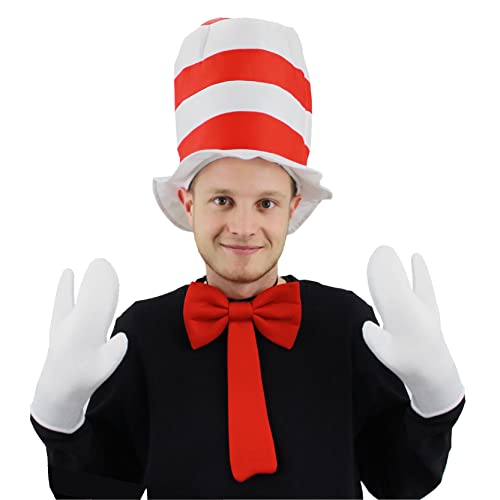Adults Cat Hat Accessory Set, Red and White Striped Hat, Large White Gloves and Deluxe Red Bow Tie