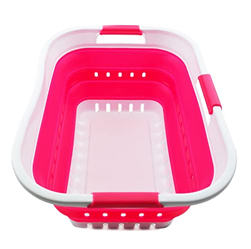 SAMMART Wäschekorb aus Kunststoff, zusammenklappbar, 30 l, mit 3 Griffen, faltbar, Aufbewahrungsbehälter, Organizer, tragbare Waschwanne, platzsparender Korb (White/Rose Pink)