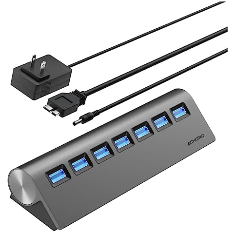 Achoro 7 Ports Powered USB HUB – Triangle Aluminum Alloy Super Speed External USB Port – USB 3.2 Aluminium USB Hub for Computer, Mac, PCs, Smartphone & Tablets – Computer Multiple USB Hub Cover