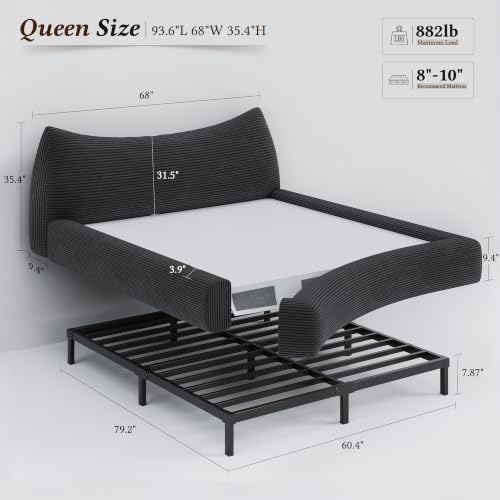 Image of Homkdom Cloud Bed Frame with Thick Headboard,Upholstered Soft Queen Bed Frame with Anti-Collision Soft Rounded Corners,Boucle Bed Frame Queen Size for Apartments, Guest Rooms,Black