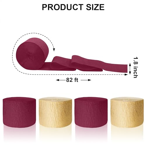 Image of 4 Crepe Paper Streamers Rolls, 328ft Pack of Burgundy and Gold Crepe Paper for Birthday Graduation Anniversary Party Decorations DIY Supplies for Flowers Making (1.8 inch x 82 ft /Roll)