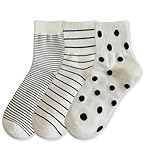 Arukora Polka Dot & Striped Socks 3 Pairs, Women's Cute Ankle Crew Sock White/Black Patterns for Shoe Size 5-9