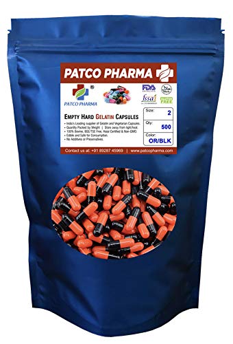 Patco Pharma | Size 2 Black-Orange Empty Gelatin Pill Capsule - Gluten Free Halal Certified for DIY Powder Filling (Pack of 500 Pcs) (B07HDNDSXK) Amazon Price History, Amazon Price Tracker