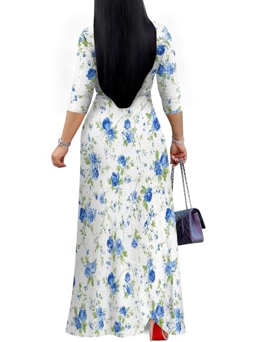 Image of Women's V Neck Floral Maxi Dress 3 /4 Sleeve Plus Size Boho Wrap Flowy Long Dresses with Belt