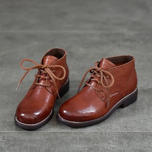 Women'S Genuine Leather Round Toe Low Chunky Heel Ankle Boots Vintage Fashion Lace-Up Comfortable Mid Block Heel Dress Booties For Work Party3