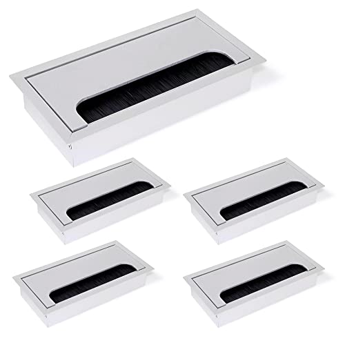 Pasacables rectangulares Emuca de aluminio anodizado mate para empotrar en mesas de 160x80 mm