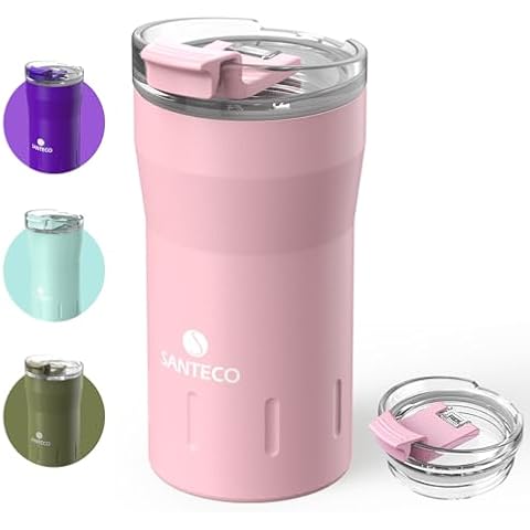 SANTECO Travel Coffee Mug 12 oz, Insulated Coffee Cups with Flip Lid, Stainless Steel Coffee Mugs Spill Proof, Double Wall Vacuum Tumblers, Reusable To Go Mug for Hot/Ice Coffee Tea - Pink Cover