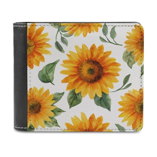 Watercolor Sunflower Floral Farmhouse Soft PU Leather Bifold Wallet, Coin Purse Credit Pass Case, Durable Card-Holder Slim Billfold for Men Woman Money Storage