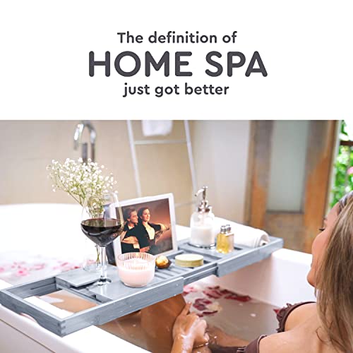 Premium Bamboo Bathtub Tray Caddy - Expandable Wooden Bathroom Tray - Adjustable Bathroom Tray For Tub - Luxury Bath Caddy Tub Table - Gift Idea For Loved Ones (Grey) #TOP6