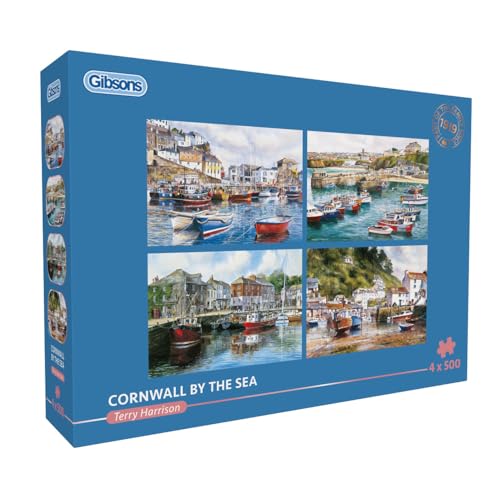 Gibsons Cornwall by the Sea 4 x 500 Piece Jigsaw Puzzle Set for Adults – Four Charming Coastal & Boat Scenes by Terry Harrison – Seaside Retreat Theme – Premium Multi‑Box Puzzle Collection