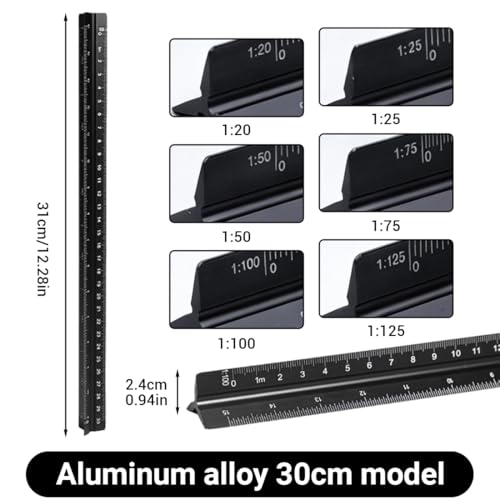 Architektonisches Lineal, Aluminium, dreieckig, metrische Skalen 1:20, 1:25, 1:50, 1:75, 1:100, 1:125, Standard, 30,5 cm lang, für Architekten, Studenten, Zeichner und Ingenieure