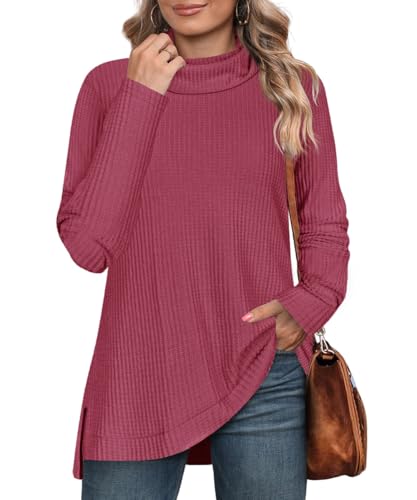 Image of RITERA Women's Plus Size Waffle Tops Long Sleeve Turtleneck Sweater Shirts Knit Tunic Oversized Casual Pullover Blouse XL-5XL