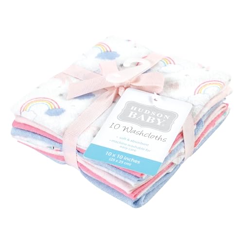 Image of Hudson Baby Unisex Baby Flannel Cotton Poly Washcloths, Unicorns Rainbows 10 Pack, One Size