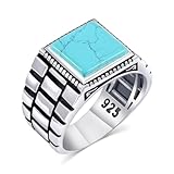 Chimoda Sterling Silver Rings for Men - Watch Band Style Mens Sterling Silver Ring with Turquoise Stone, Anillos Para Hombre (57TUR9)