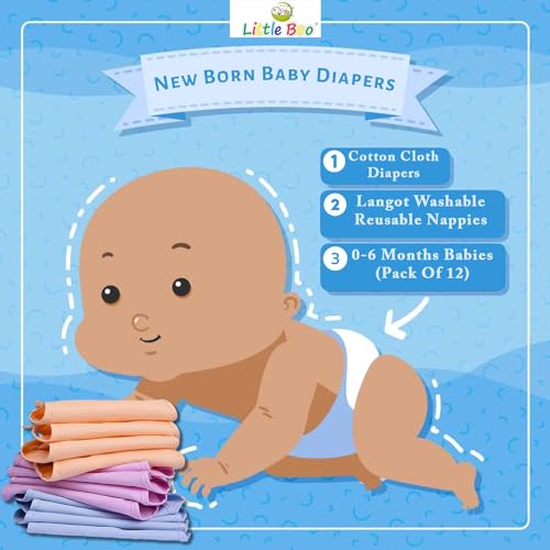 Image of Little Boo New Born Baby Cotton Cloth Diapers Langot Washable Reusable Nappies for 0-6 Months Babies (Pack Of 12)