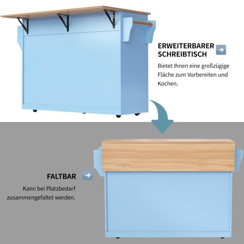 Generico Servierwagen mit klappbarer Tischplatte, 120x46(70) x91 cm, Blau, mit Rollen und austauschbaren Holzbeinen, ideal für Küche und Esszimmer