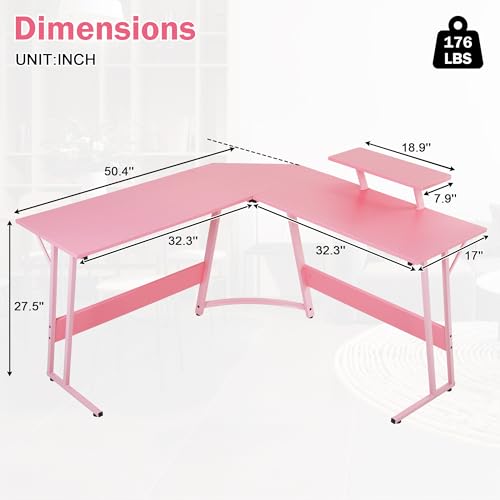 Image of L Shaped Gaming Desk, 50 inch Corner Desk, Spacious Dual Tops, P2 Particleboard, Metal Z-Legs, Adjustable Non-Slip Pads, Scratch /Waterproof, Multi-Use Home Office /Game Room /Dorm