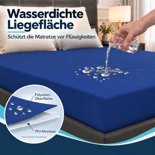 Arcona Matratzenschoner 180x200, Wasserdicht und Atmungsaktiv, Spannbettlaken Stil mit 30cm Tiefe, Nässeschutz Waschbar, Dunkelblau – Ansicht 3