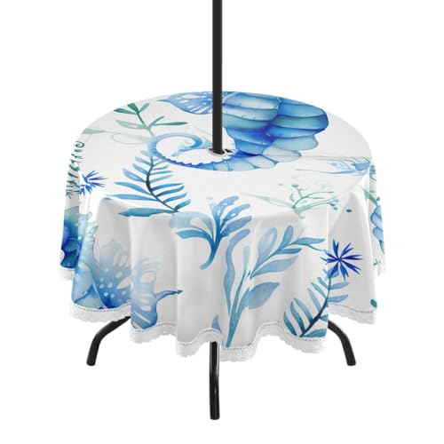 Wajiw 60 Inch Indoor Outdoor Round Tablecloth with Umbrella Hole and Zipper Waterproof Patio Table Cover for Camping Dining Room Party Outdoor Picnic,Seahorses