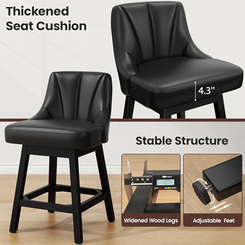 Silla de Bar REONEY Giratoria, Taburete de 26" con Asiento Tapizado de Cuero PU Impermeable, Diseño Moderno con Respaldo y Patas de Madera Maciza, para Cocina o Bar en Casa, Negro miniatura 6